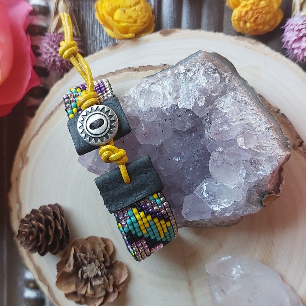 Hand Crafted Beaded Cuff, Leather By Rust Belt Raised